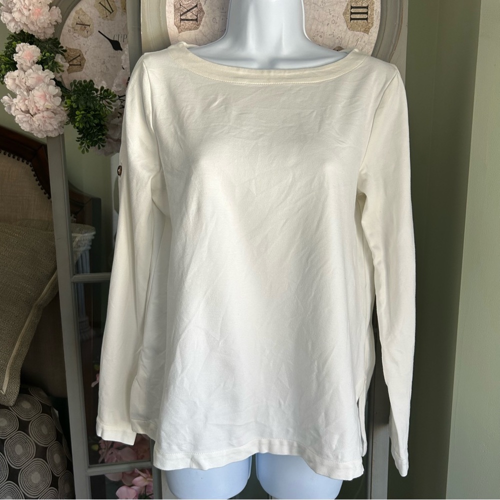 Women’s J JILL PONTE Long Sleeve Tunic Top Ivory Button Detail Boat Neck Size S